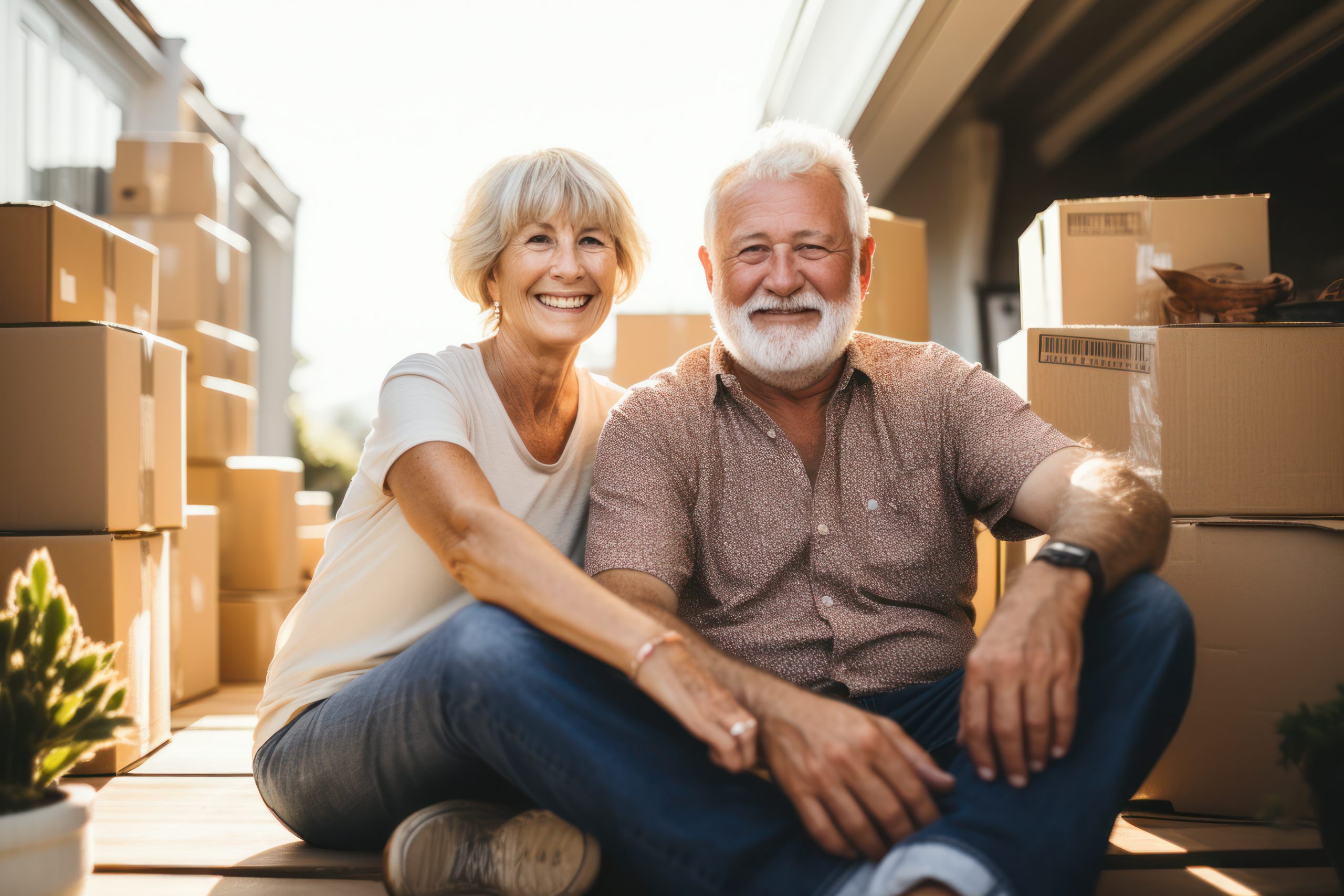 Elderly pair on their porch, amidst boxes, embarking on a downsizing adventure to a new abode